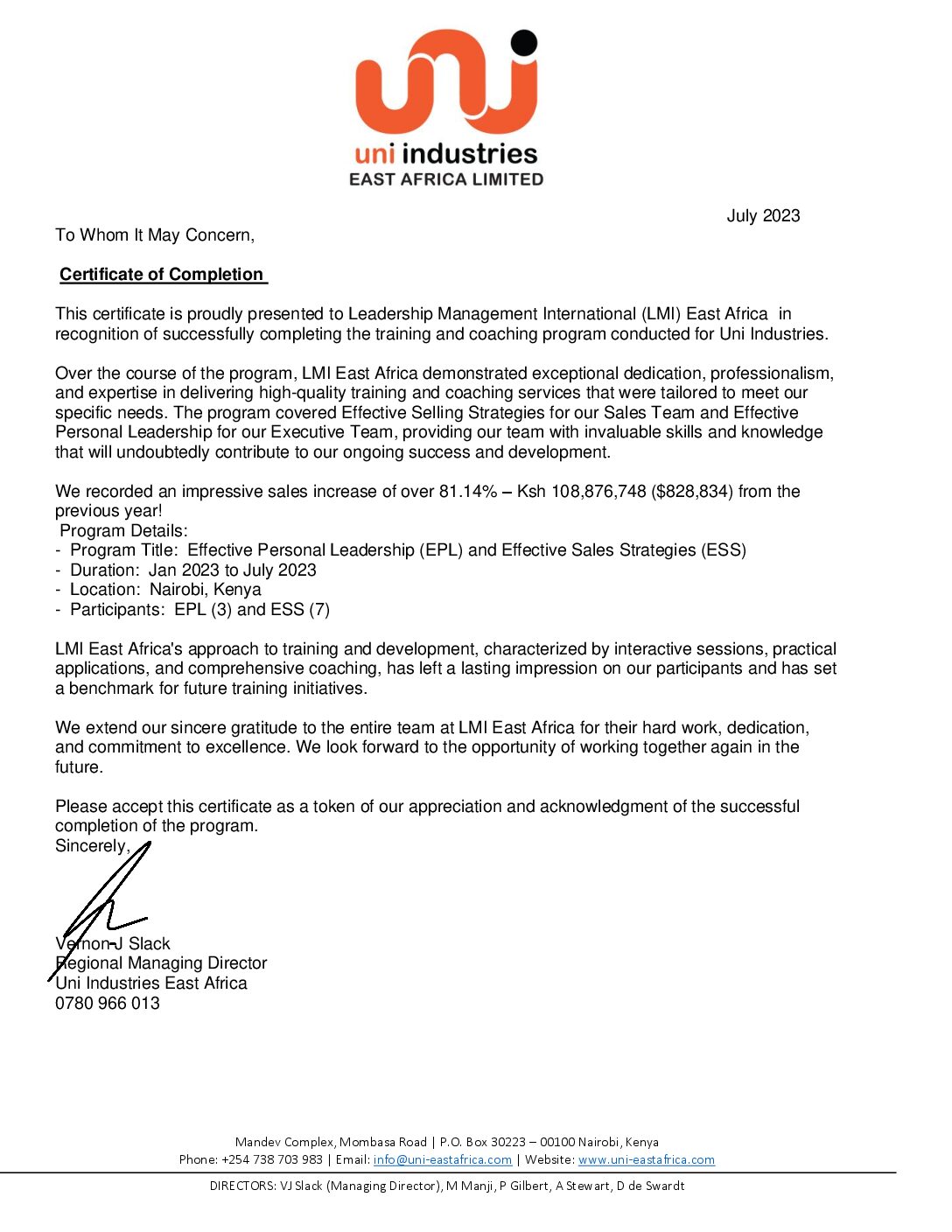 LMI Letter - UNI Industries